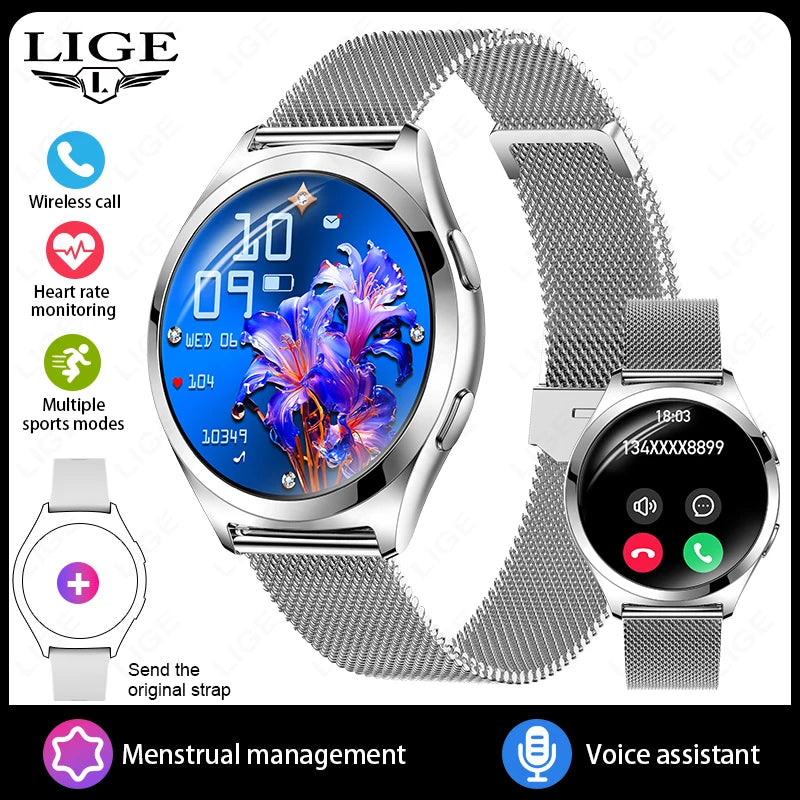LIGE Fashion Smart Watch Ladies Bluetooth Call Custom Dials Heart Rate Women's Health Monitor Waterproof Music Sports Smartwatch