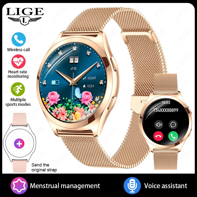 LIGE Fashion Smart Watch Ladies Bluetooth Call Custom Dials Heart Rate Women's Health Monitor Waterproof Music Sports Smartwatch