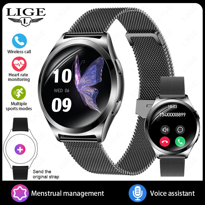 LIGE Fashion Smart Watch Ladies Bluetooth Call Custom Dials Heart Rate Women's Health Monitor Waterproof Music Sports Smartwatch