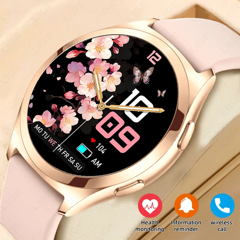 Smartwatch with floral display on a beige background